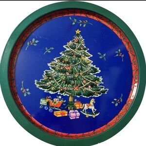 🍄Vintage Metal Serving Tray Christmas Tree Platter Holiday Decor Serve Accent
